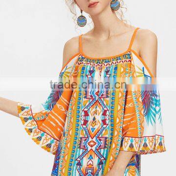 Print Kimono Sleeve Dress, Women Cold Shoulder Spaghetti Strap Dress photo-5