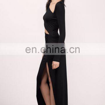 Elegant Plain Long Sleeve Shift Maxi Dress With Front Slit and Cut Outs photo-2