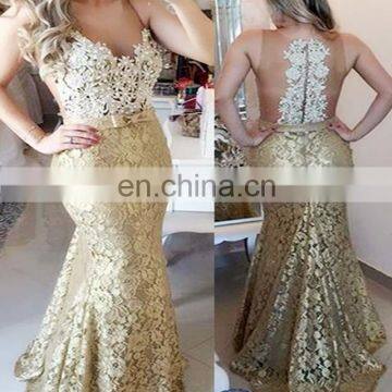 Golden V Neck Mermaid Formal Party Dress Beaded Sleeveless Bow Zipper Lace Floor Length Prom Dress