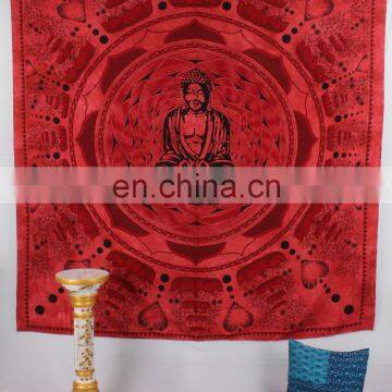 Red Indian Ombre Queen Size Cotton Handmade Boddha Wall Hanging, Tapestry, Decorative Ethnic Bedspread Throw