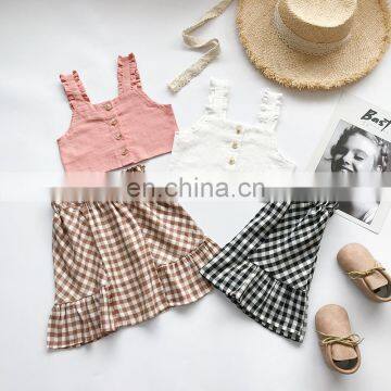 Girls' suit summer 2020 hot style cotton sling top + plaid skirt suit