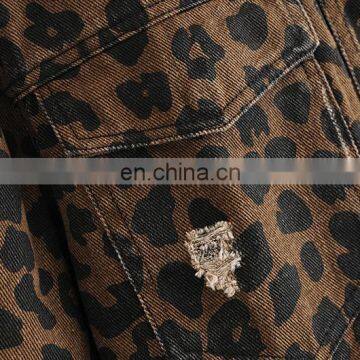 2020 New Design Women's Denim Jean Cropped Leopard Print Bomber Jacket photo-5
