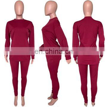 2020 Fashion Solid Color Women Long Sleeve With Legging 2 Two Piece Outfit Set photo-5