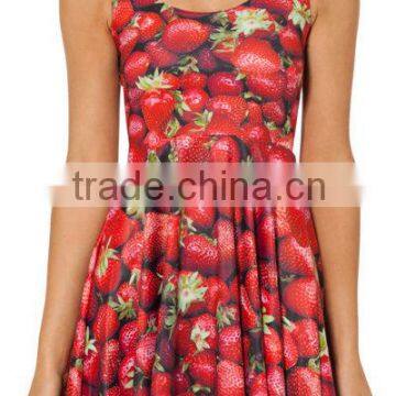 walson women dress strawberry printeing parttern pleated skirt wholesale