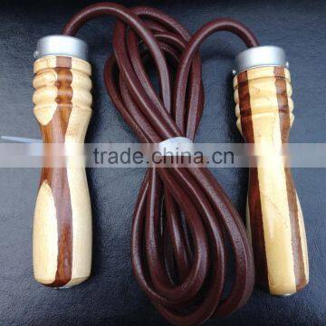 Jump Rope / Skipping Rope Wooden Handle (Double Pattern) - Adjustable Brown Leather Rope - Weight Inserted