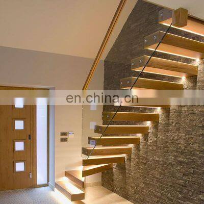 luxury modern stair glass railing led light floating straight stairs wood treads interior staircase