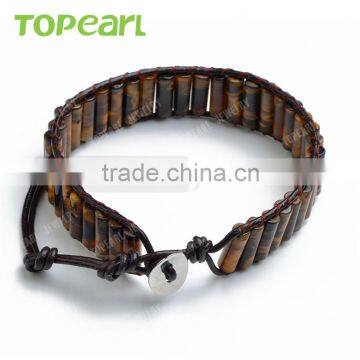Topearl Jewelry Tiger Eye Leather Bracelet Woven Wrap Bangle 7.5 Inches CLL125 photo-2