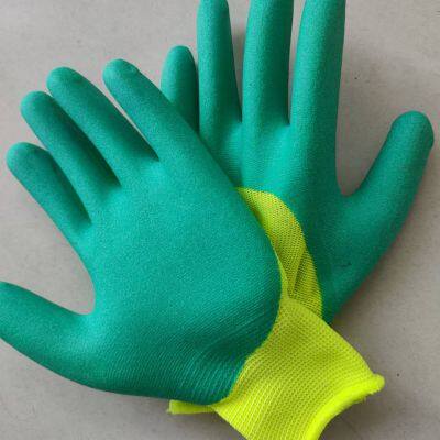 yellow polyester 13 gauge knitted foamed latex palm and fingers coated breathable work gloves