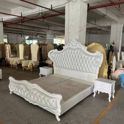 Leather Bed Solid Wood Carved Double Master Bedroom Bed 2 Meters High-end Champagne Gold Furniture Home photo-2