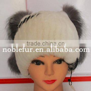 cute rabbit fur with silver fox fur winter pompom headwear for young girls