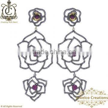 Diamond Floral Earring, ,925 Silver 14K Gold Earrings, Natural Ruby Gemstone Diamond Pave Earrings, Designer Earring Jewelry