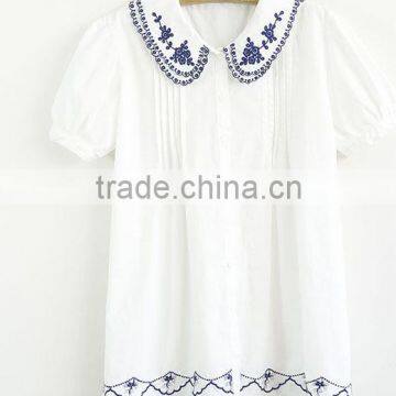 ladies cotton white shirt embroidery two layer collar short sleeve blouse