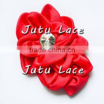 Red satin flower with crystal centre- shabby satin flower wholesale