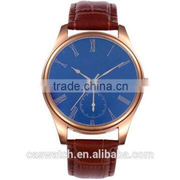 Luxury blue face concise style leather watch, classic rose gold plated men's watch, Japan movement quartz watch