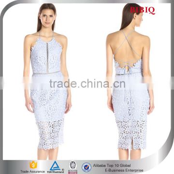 Latest High Quality Light Blue Floral Halter Midi Sexy Lace Plus Size Dress