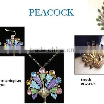 Vintage turrish metal enamel peacock neckalce with earrings and brooch jewellery set ,