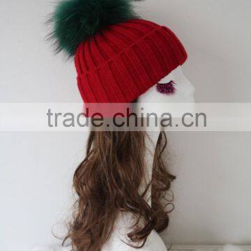 Top Grass Green Raccoon Fur Pompom Beanie Knit Rib Red Hat Huge Fur Ball Knitted Wool Acrylic Cap photo-2