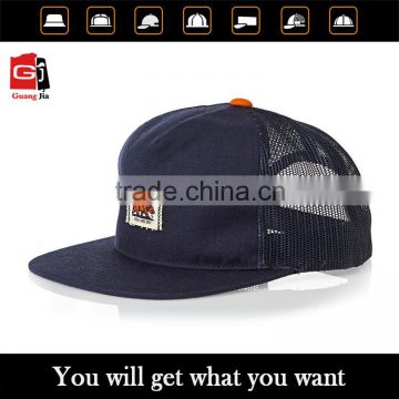 OEM/ODM Applique Label Patch Logo Flat Brim Navy Blue Mesh Plain 5 Panel Trucker Cap Wholesale