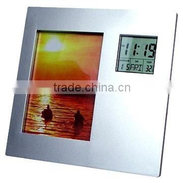 new design cheap rotating photo frame with digital calendar clock