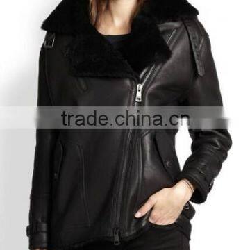 Black Shearling Leather Motocycle Jacket for Lady