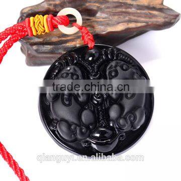 Chinese Black Natural Obsidian Carved mythical Son dragon pendant lucky jade necklace with red cord