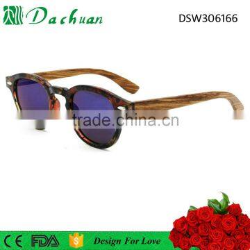 Classic good quality PC injection frame wood temple 1.1mm TAC polarized round wood sunglasses with mirror coating UV400