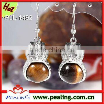 Charm Silver Plated Tiger Eye Stone Crystal Round Beads Owl Shape Dangle Earrings Jewelry For Women