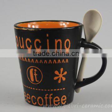 360ml Color Glazed Logo Decal Artwork Painted Ceramic Stoneware Coffee Tea Mugs Cups With Spoon Sets