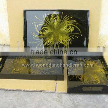 Decorated Lacquer Tray, Shiny Black color with Fireworks in Gold color