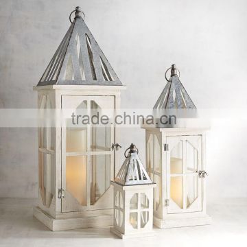 White Wooden Lantern, Garden Decorative Wooden Lantern Set of 3