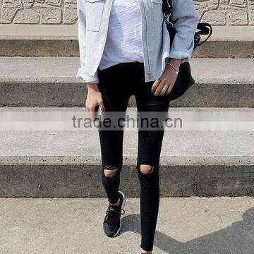 2017 New Fashion High Waist Ripped Knee Denim Pants Fit Pant for Women photo-3