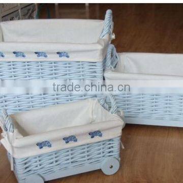 heze kaixin blue color wicker baskets lining with wheels