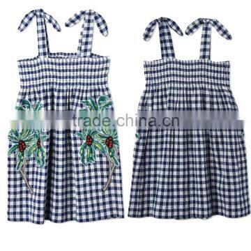 2017 Embroidered Palm Print Design Check Dress Boutique Girl Clothing With Embroidery Patch Childern Frock Model HSD5941