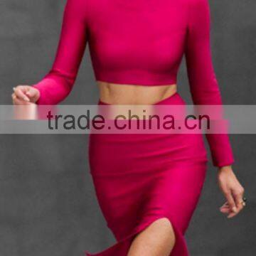 Two Piece Long Sleeve Blouse and Skirt 2016 Hot Red Ladies Evening Dress photo-2