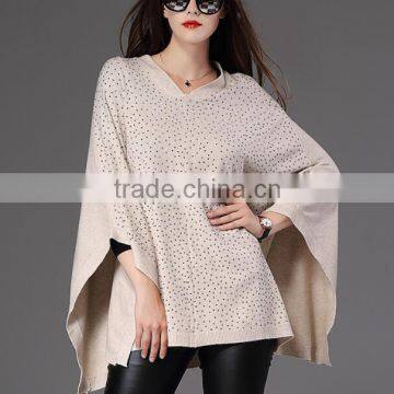 trendy original design V neck beaded knitting women poncho sweater