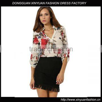 Floral Printed ladies V Neck High Low Hem Blouse chiffon blouse top