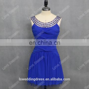 RP0139 Round neckline beaded gathered royal blue sexy factory lady fashion real pictures of cocktail dresses