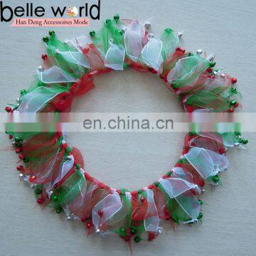 Factory Pet Accessory Green Red White Tulle Holiday Dog Collar With Bell