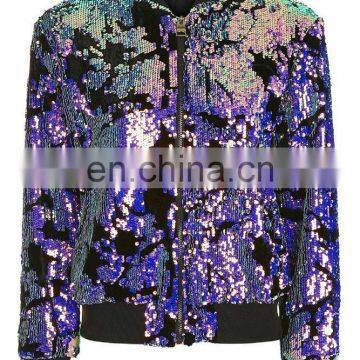 2016 Sequin velvet bomber jacket fashionable front zipper bomber jacket for women