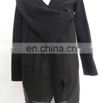 Ladies irregular knitted collar causal leather coat