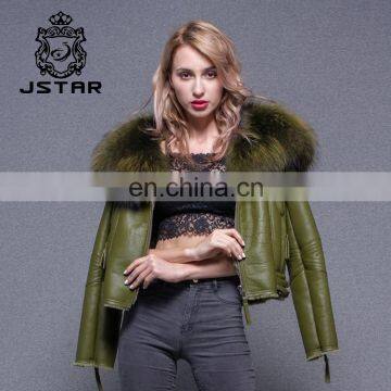 Big Raccoon Collar Lining Ladies Jackets Coats Winter Fashion Sheep Fur And Leahter Overcoat