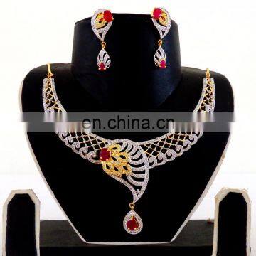 Indian Cubic Zirconia Necklace set-American Diamond Gold Plated Necklace set - Wholesale CZ Jewellery - Party wear Necklace set