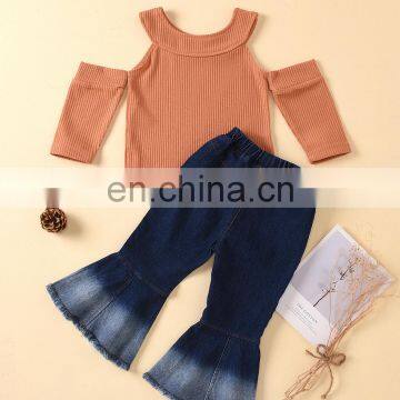 Kids Ribbed O Neck Off-Shoulder Tops Shirts & Denim Jean Flared Pants Casual Outfit Spring Fall Winter Clothes photo-4