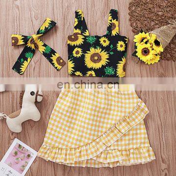 Girl Summer Clothing Set Sunflower Print Kids Sleeveless Strap & Plaid Skirt & Hair Band Outfits for 1-5Y