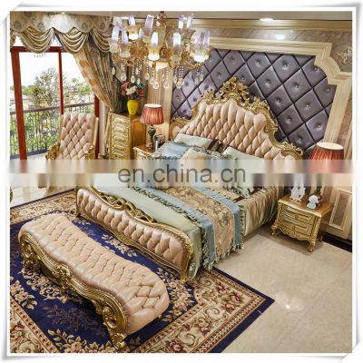 Classic bedroom furniture set Royal solid wood frame leather king bed