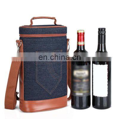 Reusable Custom Blue Denim Cooler Bag Luxury Picnic Leather Bottle 2 Pc Wine Carrier