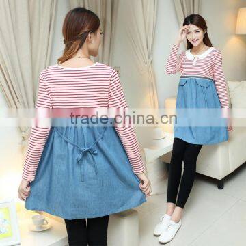 C64541A women fashion round neck striped denim dress pregnant women dress