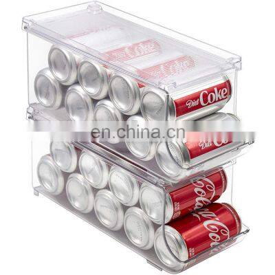 Clear Plastic Stackable Kitchen Refrigerator Organizer Bins Pop Soda Can Dispenser Beverage Holder wth Lid