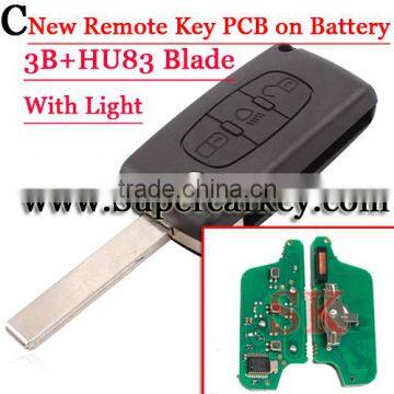 High Quality New 3 Button Flip Remote key Battery On Pcb With light button For Citroen With HU83 Blade 433mhz