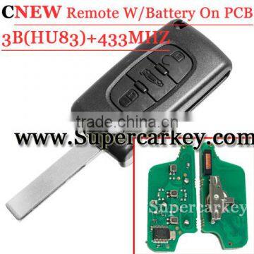 High Quality New 3 Button Flip Remote key Battery On Pcb For Citroen With HU83 Blade 433mhz